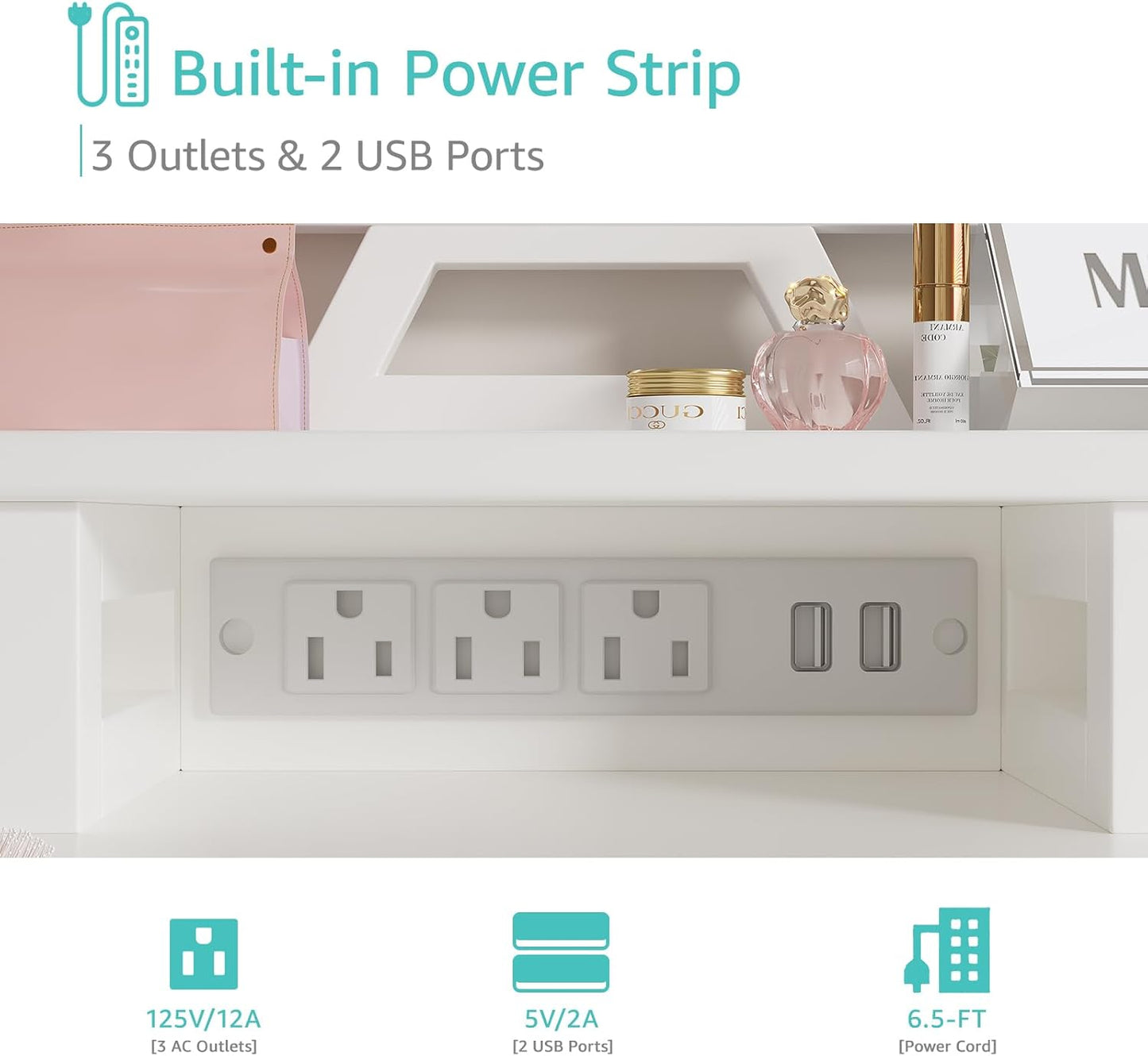 White Makeup Vanity Desk with Mirror and Lights, 40 Inch Girls Vanity Set with Chair, Make up Dresser Table with Drawers and Power Outlet for Bedroom Small Space