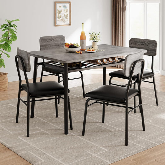 Dining Table Set for 4 with Storage Rack, 5-Piece Kitchen Table and Upholstered Chairs of 4, Wood Tabletop & Heavy-Duty Metel Frame, Dining Room Set for Small Space, Apartment, Gray