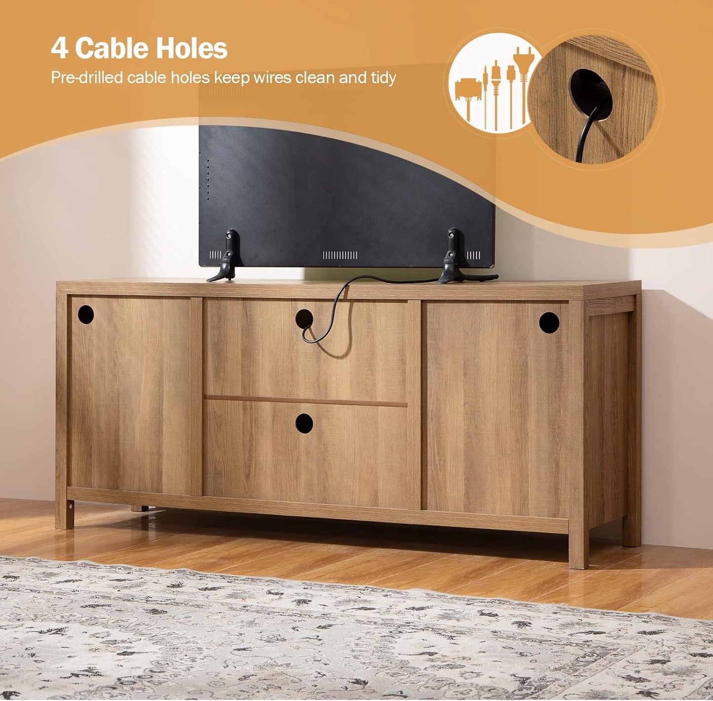 TV Stand for Living Room : Rattan TV Console Cabinet with Storage and Shelf, Boho Entertainment Center, 59" Media Console for 55, 65 Inch TV, 26" Tall Television Stands, Oak