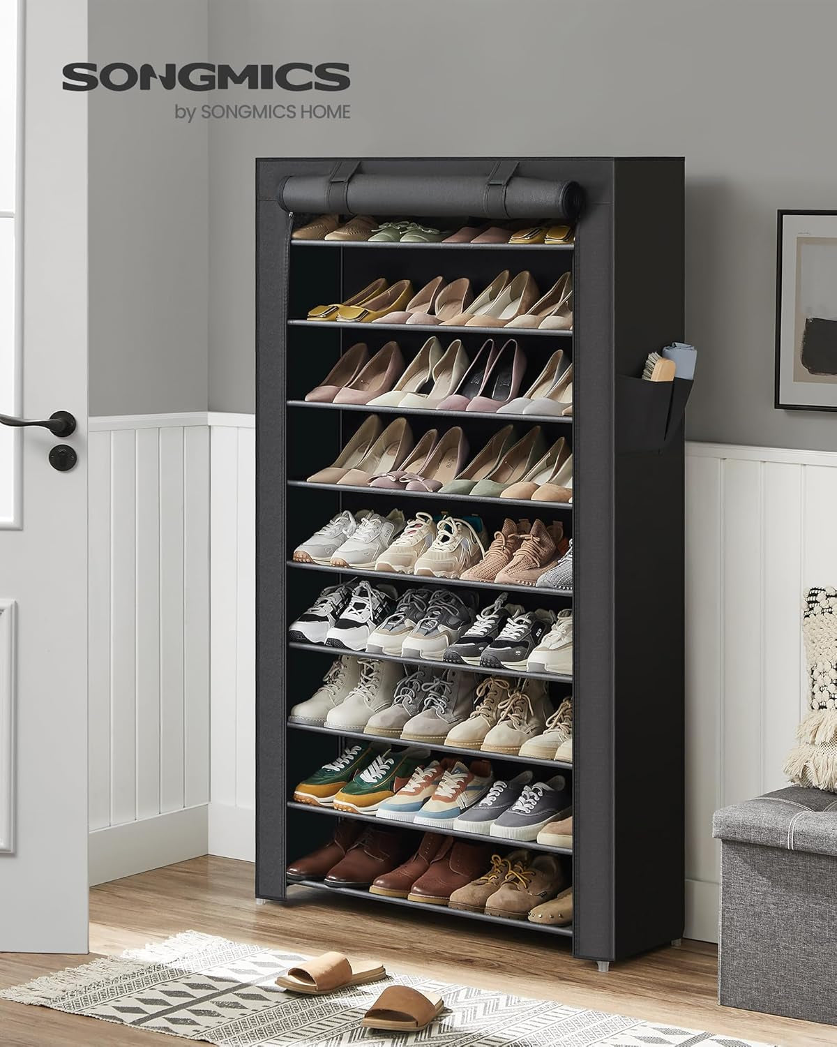 Shoe Rack with Non-Woven Fabric Cover, 9 Tier Storage Shelf for 40-50 Pairs of Shoes, Entryway, Suitable for Sneakers, High Heels, Flats, and Boots, Black URXJ36HV1