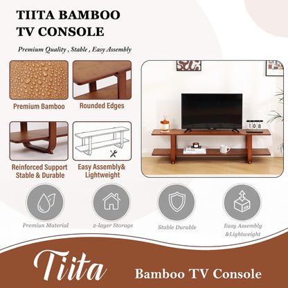 TV Stand with Storage for Tvs up to 65'', Bamboo TV Console Entertainment Center with 2 Open Shelf, Mid Century Modern Media Console for Living Room, Bedroom, Walnut