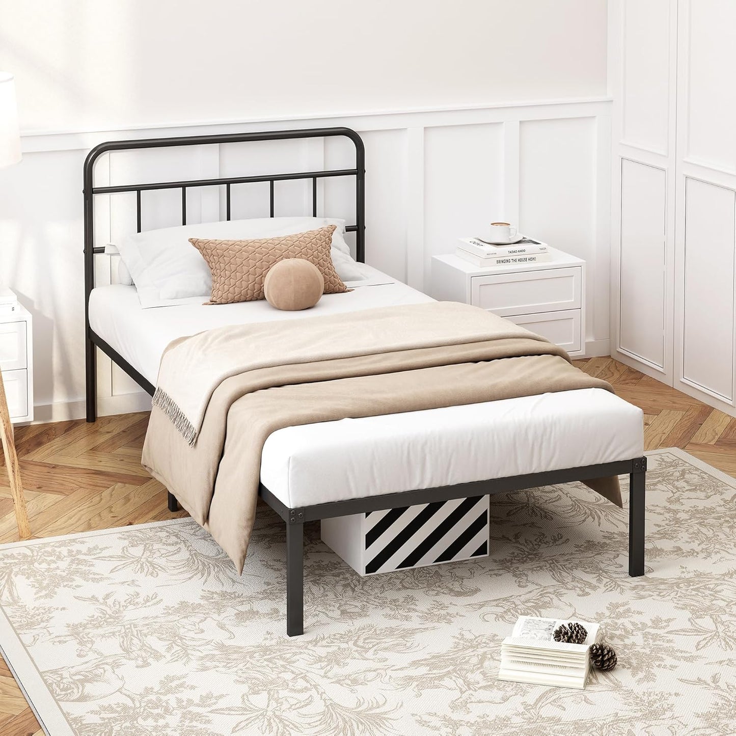 12 Inches Twin Size Bed Frame with Minimalist Headboard,Metal Platform Base with Strong Metal Slats,Mattress Foundation for under Bed Storage,Easy Assembly,Black