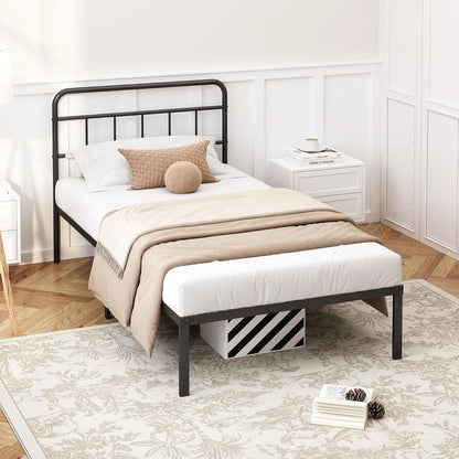 12 Inches Twin Size Bed Frame with Minimalist Headboard,Metal Platform Base with Strong Metal Slats,Mattress Foundation for under Bed Storage,Easy Assembly,Black