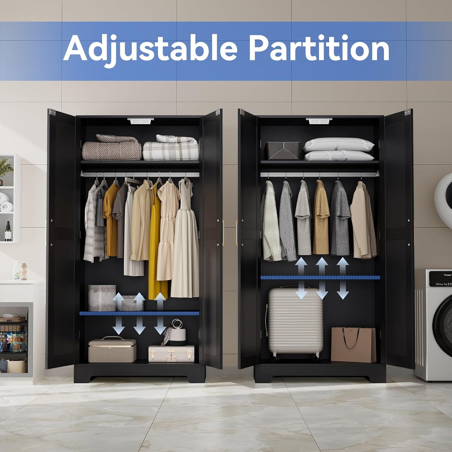 Wooden Armoire Wardrobe Closet, Wardrobe Cabinet with Door and Shelves, Freestanding Bedroom Armoires Clothing Storage Cabinet with Hanging Rod for Bedroom, Laundry Room, Cloak Room（Black）