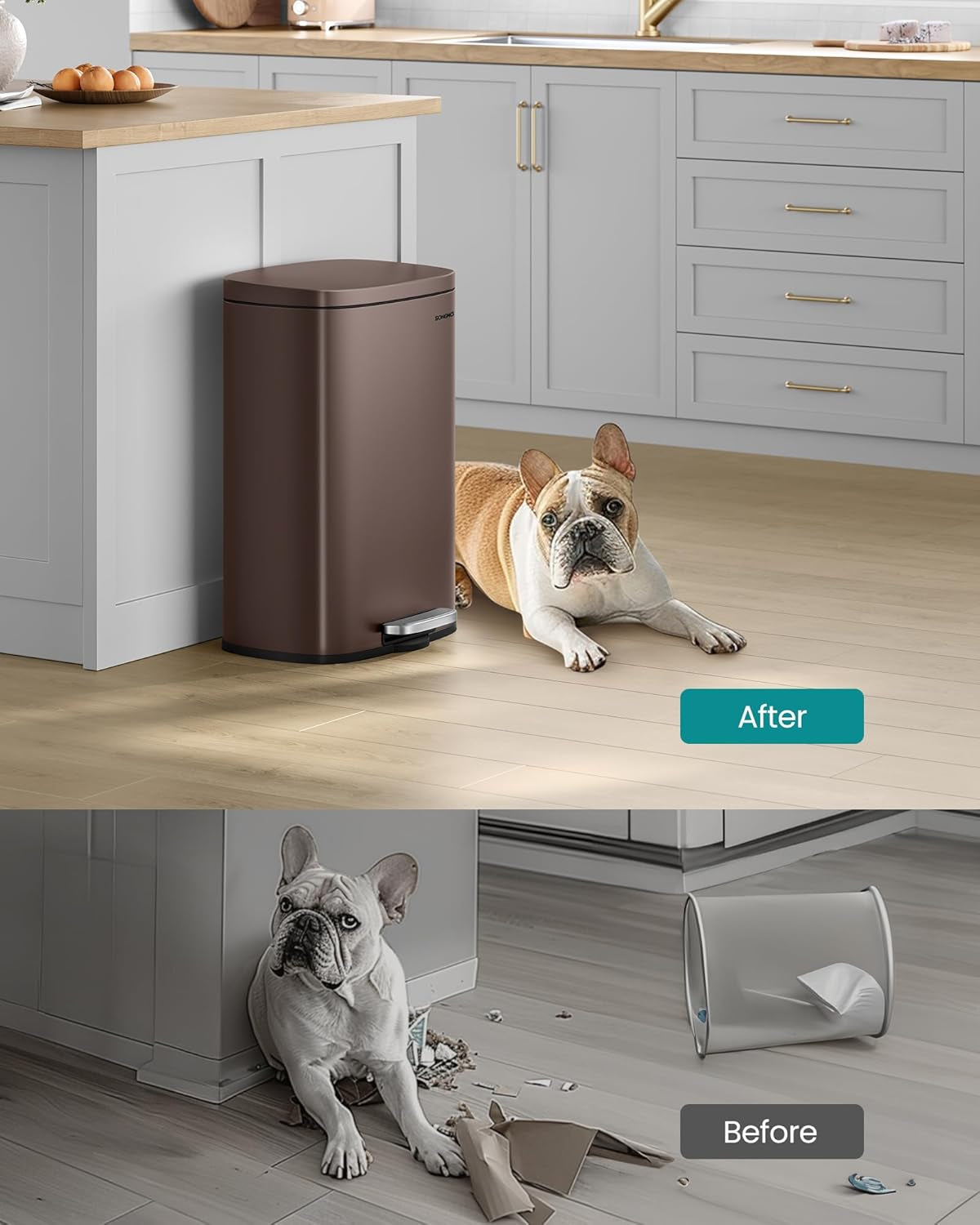13 Gallon (50 L) Trash Can, Stainless Steel Kitchen Garbage Can, Recycling or Waste Bin, Soft Close, Step-On Pedal, Removable Inner Bucket, Brown ULTB50BR