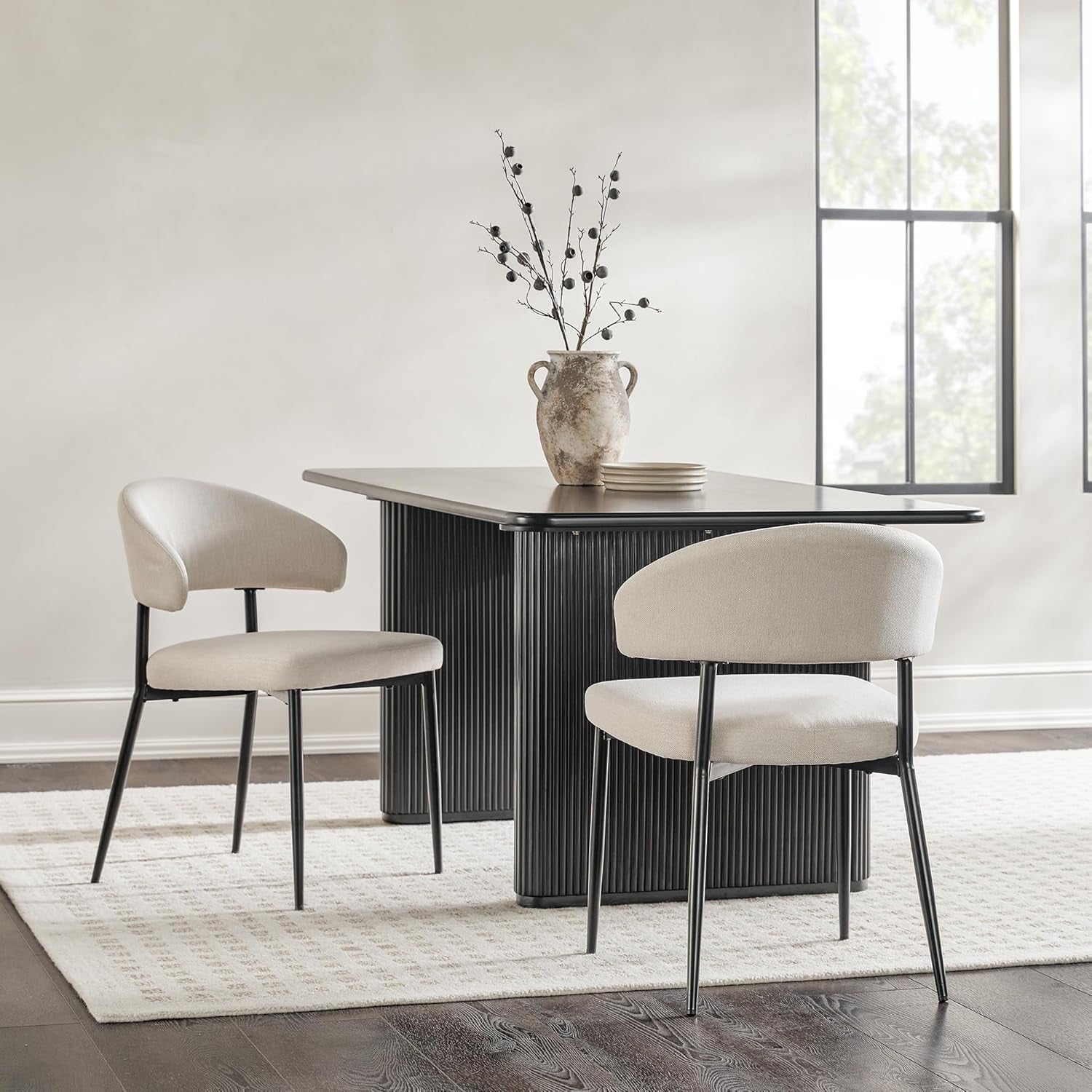 Modern Curved Back Upholstered Dining Chair with High-Performance Woven Upholstery and Powder Coated Steel Base, 2Pk, Ivory