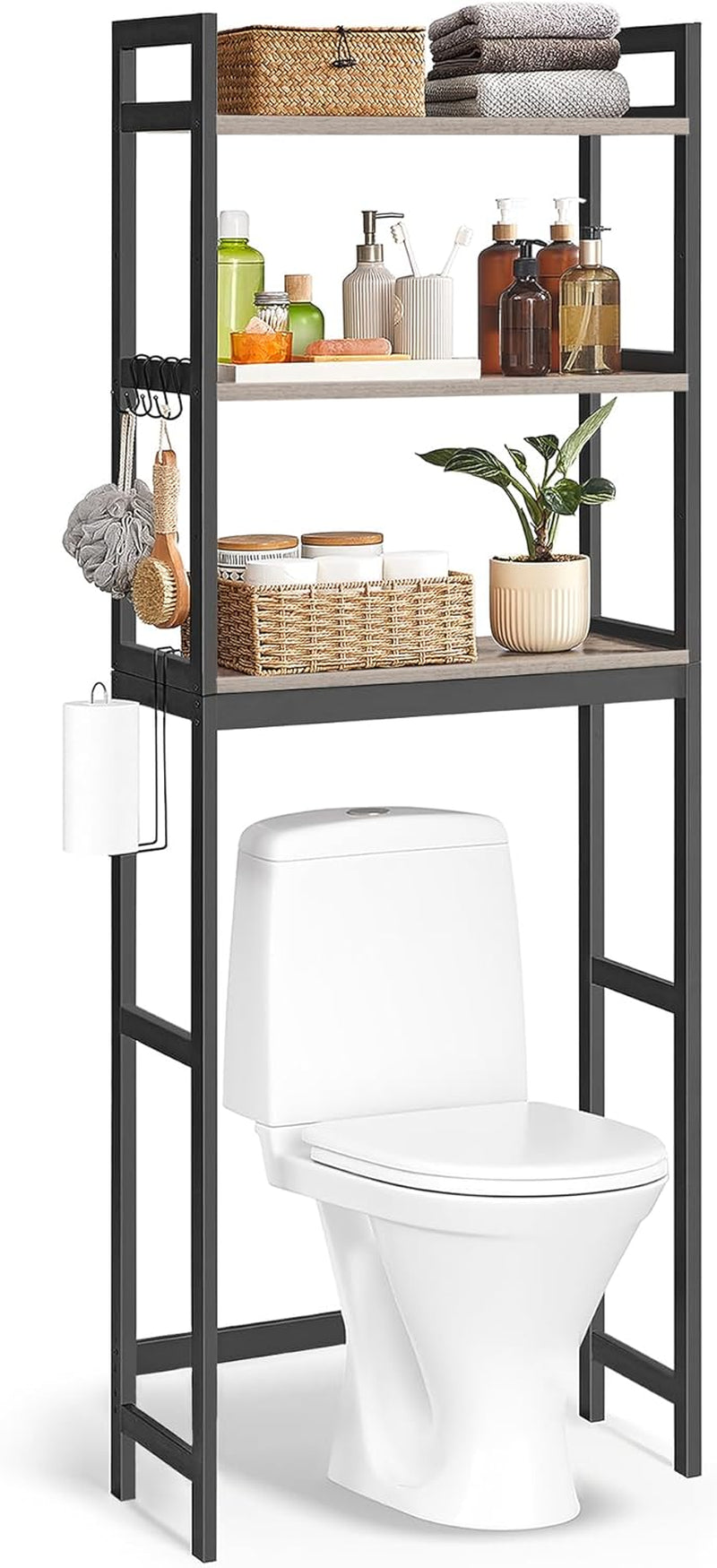 Over-The-Toilet Storage, 3-Tier Bathroom Organizer over Toilet with Adjustable Shelves, Hooks, Bamboo, Freestanding Space Saver Bathroom Shelves, Rustic Brown and Ink Black UBTS012B01