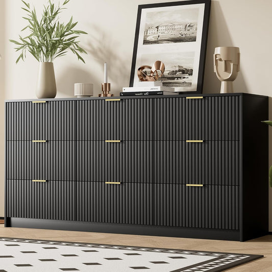 Black Dresser for Bedroom, Modern Dresser with 9 Drawers and Smooth Slides, Wide Chest of Drawers with Golden Handles for Bedroom, Living Room, Closet, 15.7" D X 63" W X 31.5" H
