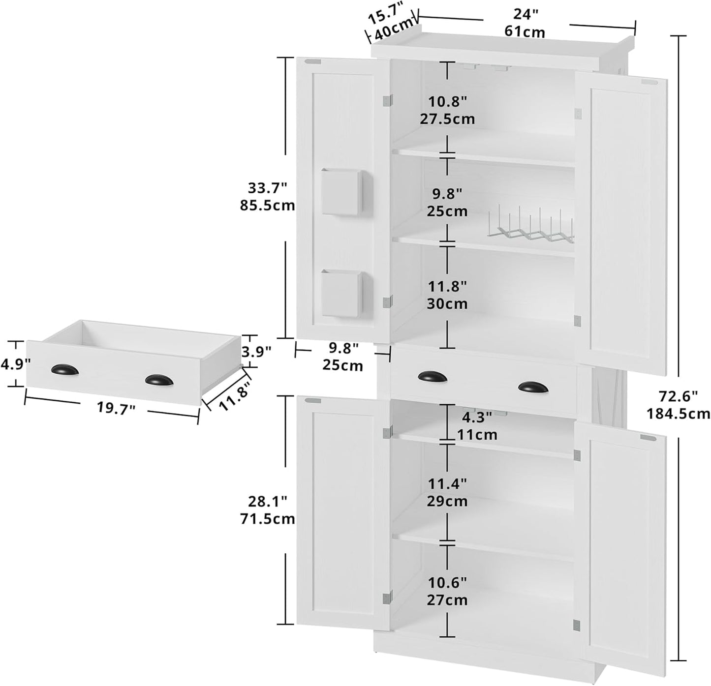 Kitchen Pantry Storage Cabinet 72.6" H X 24" W, with Barn Doors, Drawer, 4 Adjustable Shelves, Freestanding Cupboard, Laundry, White