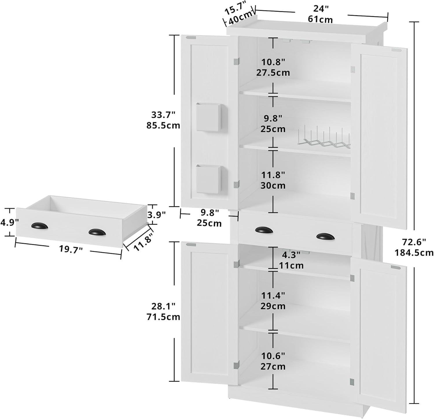 Kitchen Pantry Storage Cabinet 72.6" H X 24" W, with Barn Doors, Drawer, 4 Adjustable Shelves, Freestanding Cupboard, Laundry, White