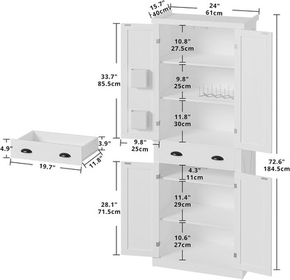 Kitchen Pantry Storage Cabinet 72.6" H X 24" W, with Barn Doors, Drawer, 4 Adjustable Shelves, Freestanding Cupboard, Laundry, White