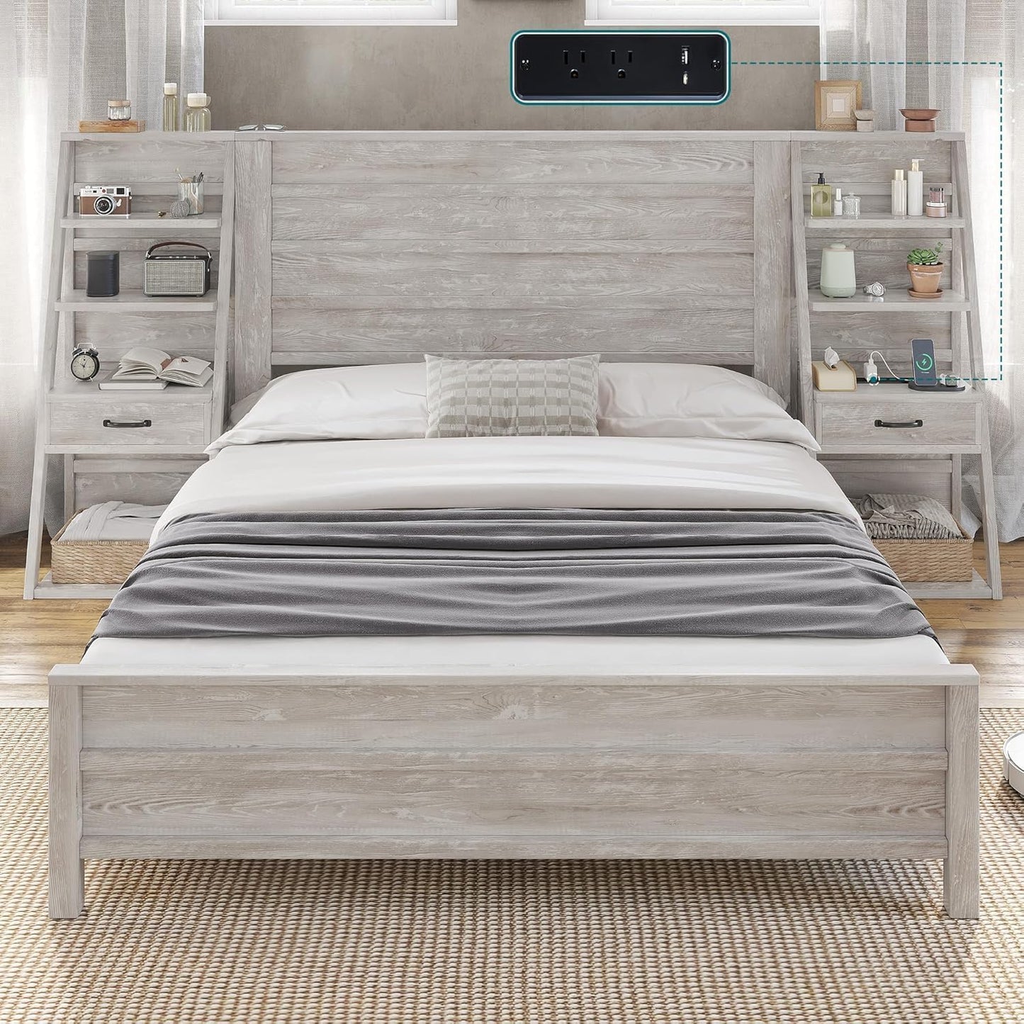 Queen Bed Frame with Bookcase Headboard & 4-Tier Bedside Shelf, Farmhouse Platform Bed with Charging Station and 2 Drawers, Noise-Free