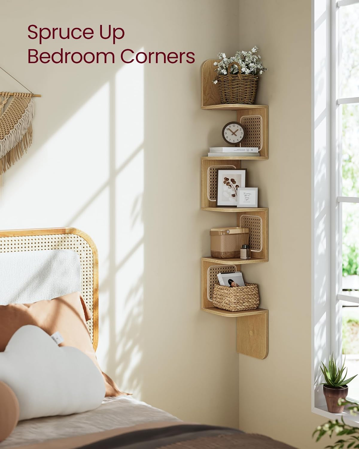 5-Tier Corner Shelf, Wall Mounted Floating Shelf, Zigzag Corner Shelf Unit, PVC Rattan Sides, Space-Saving, for Kitchen, Living Room, Bedroom, Boho Style, Oak Beige ULLS582Y57