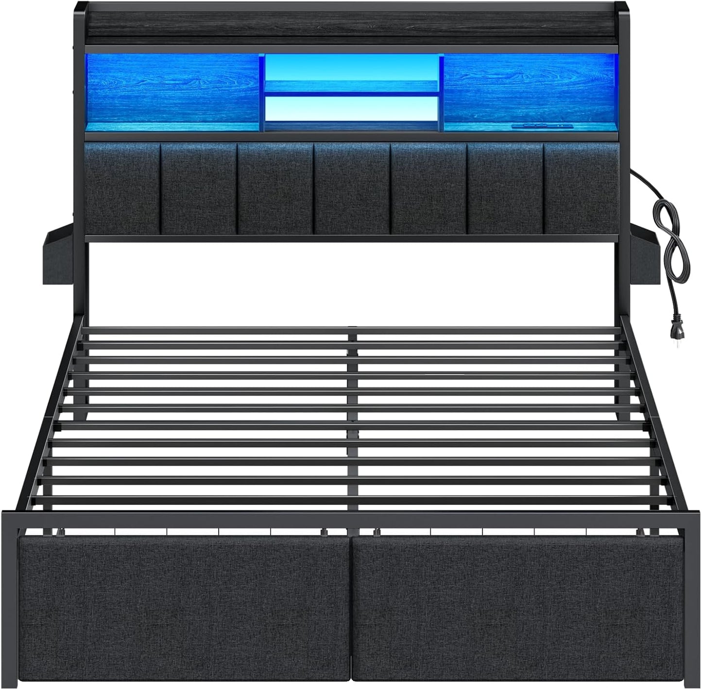 Queen Bed Frame with Storage Drawers, Upholstered Headboard with Storage Shelf, LED Lights and Charging Station, Metal Platform Bed Frame Queen Size, Noise Free, No Box Spring Needed, Black