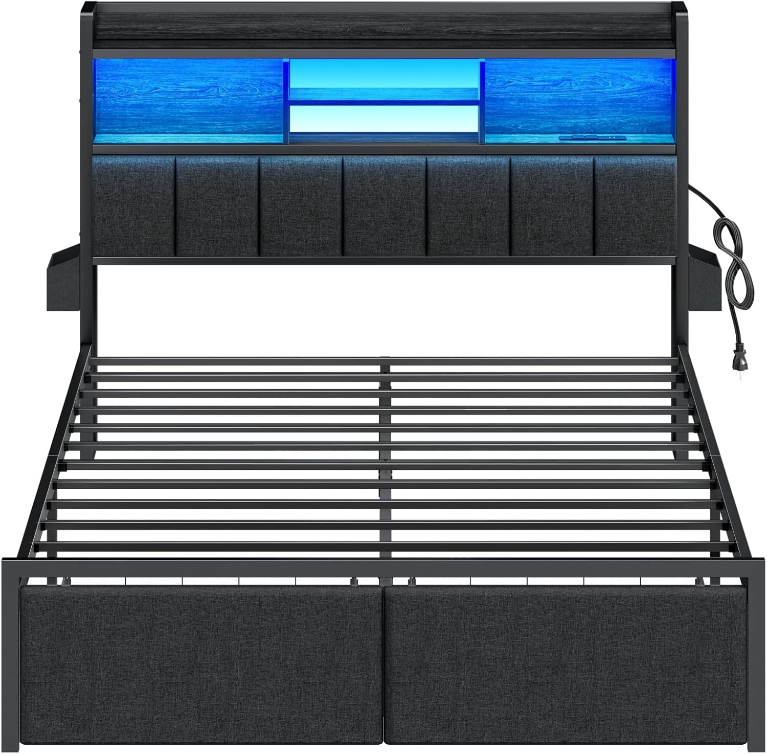 Queen Bed Frame with Storage Drawers, Upholstered Headboard with Storage Shelf, LED Lights and Charging Station, Metal Platform Bed Frame Queen Size, Noise Free, No Box Spring Needed, Black