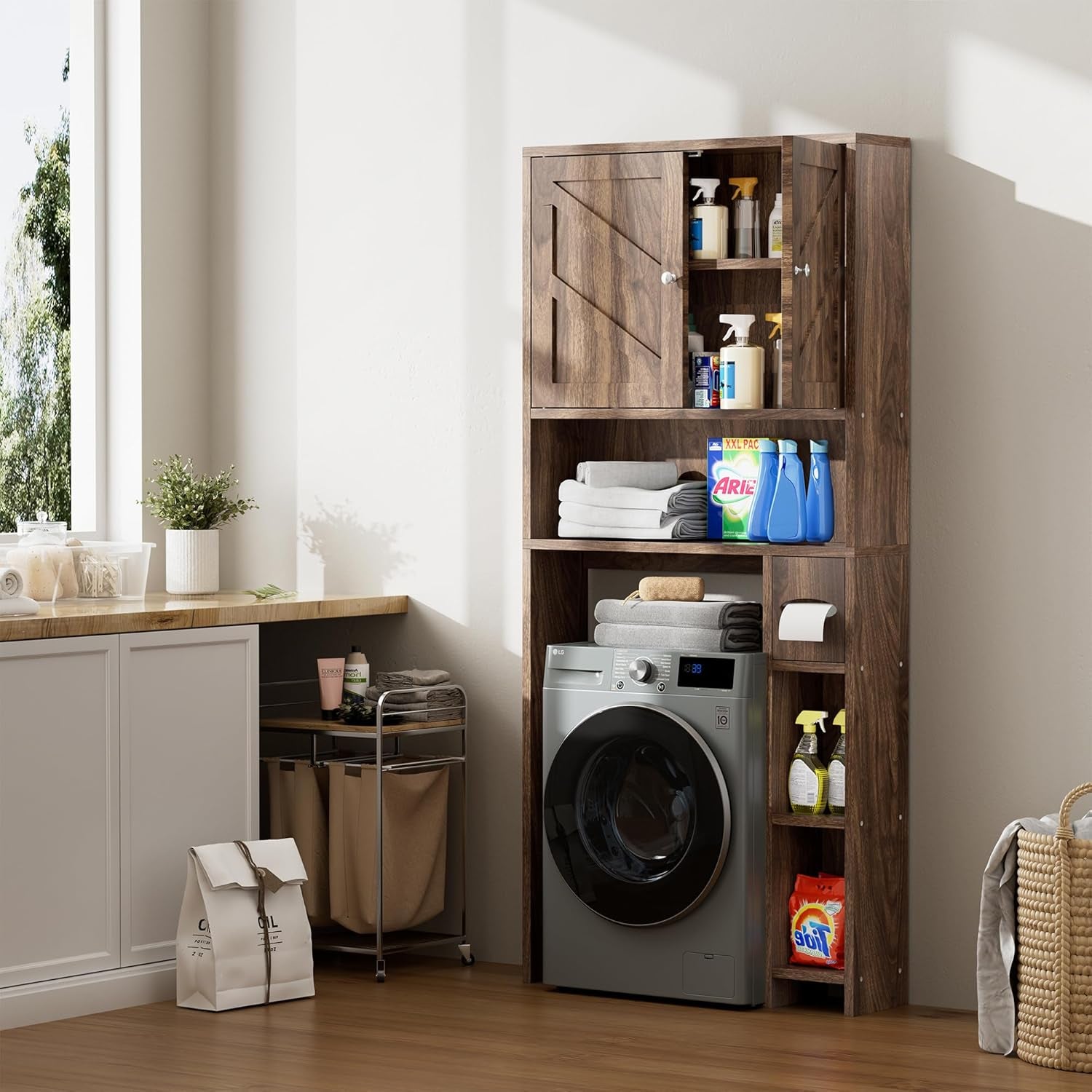 Bathroom over Toiletstorage Cabinet with Toilet Paper Holder Stand, Freestanding Bathroom Storage Organizer Cabinet Space Saver W/Adjustable Shelf, Walnut