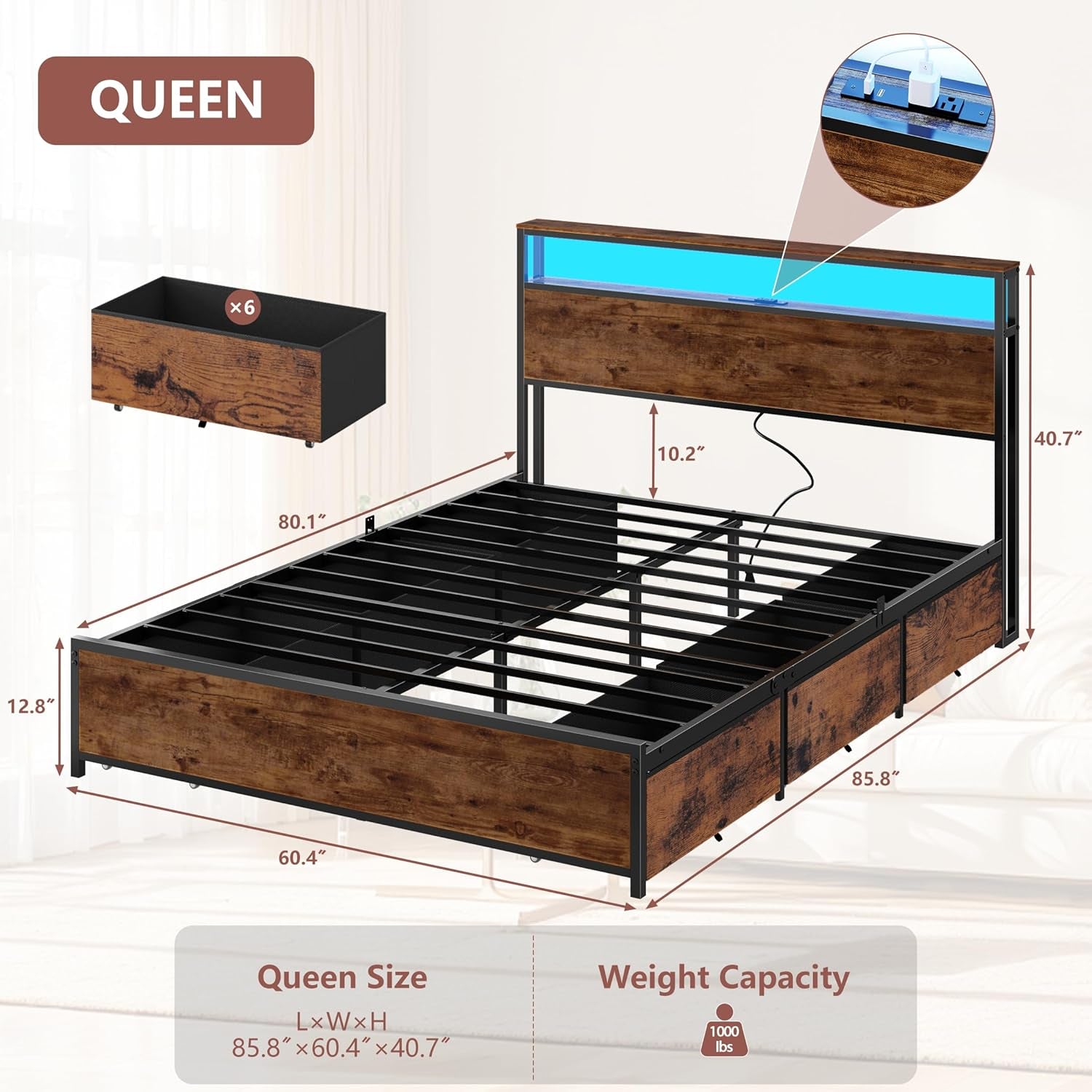 Queen Bed Frame with Headboard & 6 Drawers, Metal Platform Bed Frame Queen Size with Charging Station,Led Lights,2 Tier Shelf Storage Bedframe-No Box Spring Needed,Noise Free,Rustic Brown
