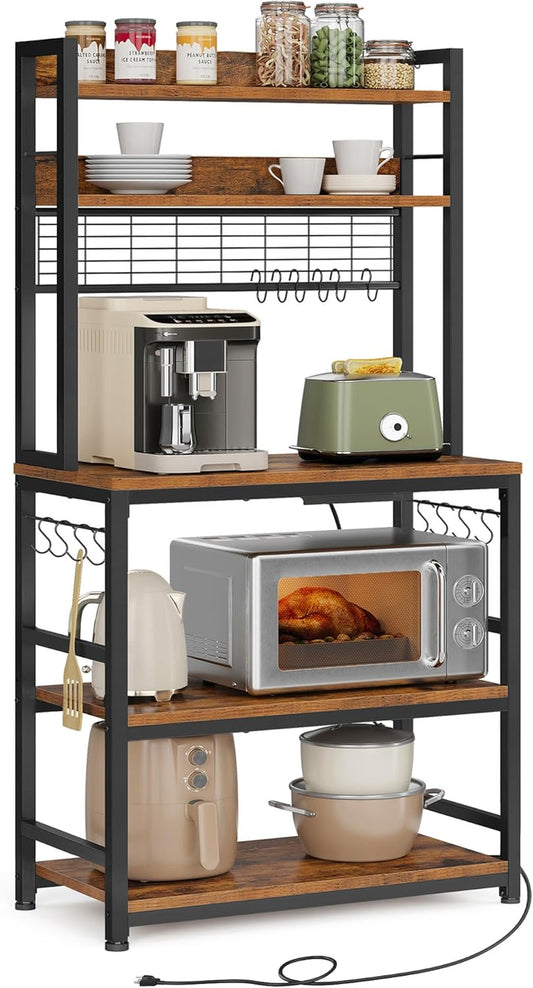 Hutch Bakers Rack with Power Outlet, 14 Hooks Microwave Stand, Adjustable Coffee Bar with Metal Wire Panel, Kitchen Storage Shelf, 15.7 X 31.5 X 66.9 Inches, Rustic Brown and Black UKKS025B01