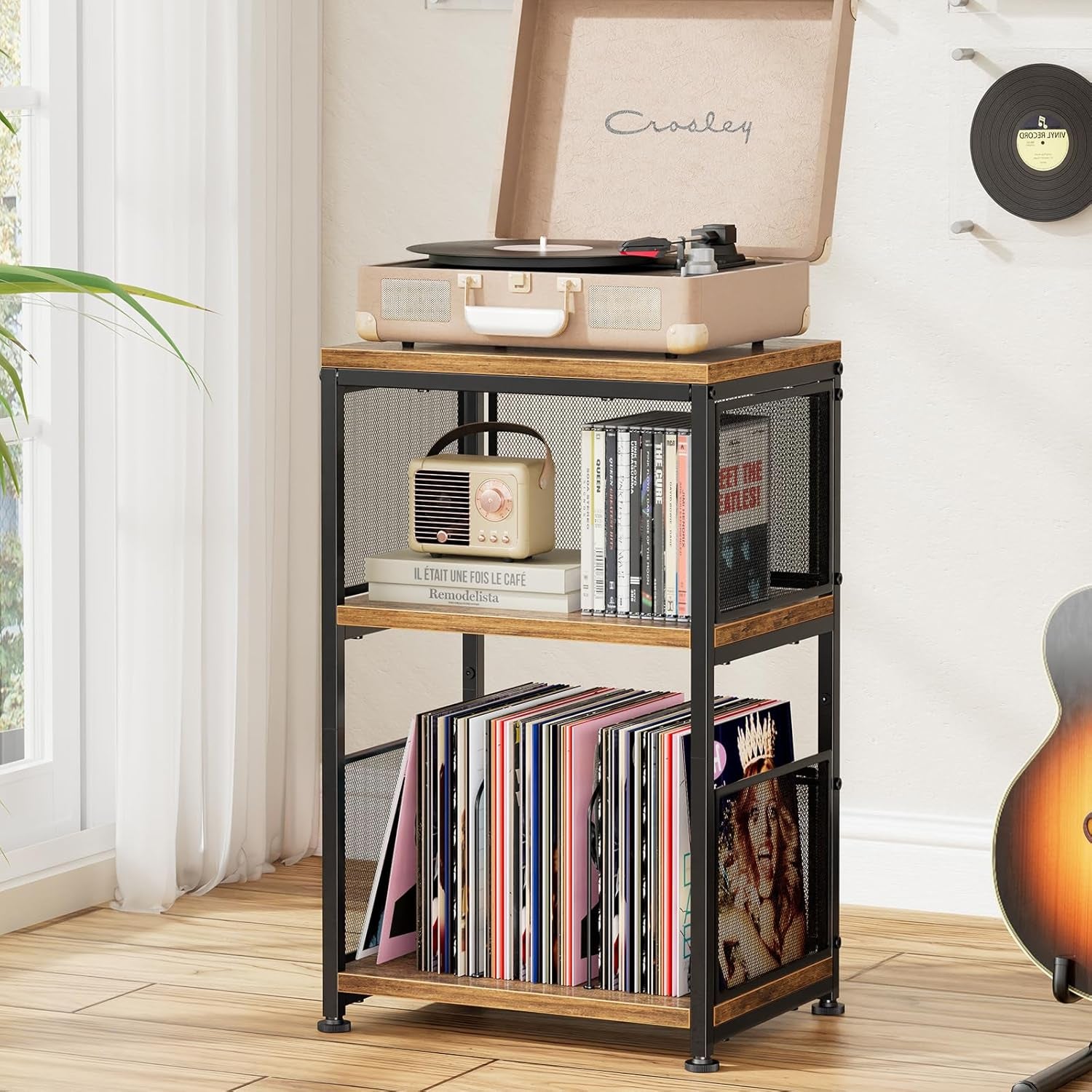 Record Player Stand, 3 Tiers Side Table, Turntable Stand with Vinyl Record Storage, Hold up to 100 Albums, Rustic Brown