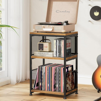 Record Player Stand, 3 Tiers Side Table, Turntable Stand with Vinyl Record Storage, Hold up to 100 Albums, Rustic Brown