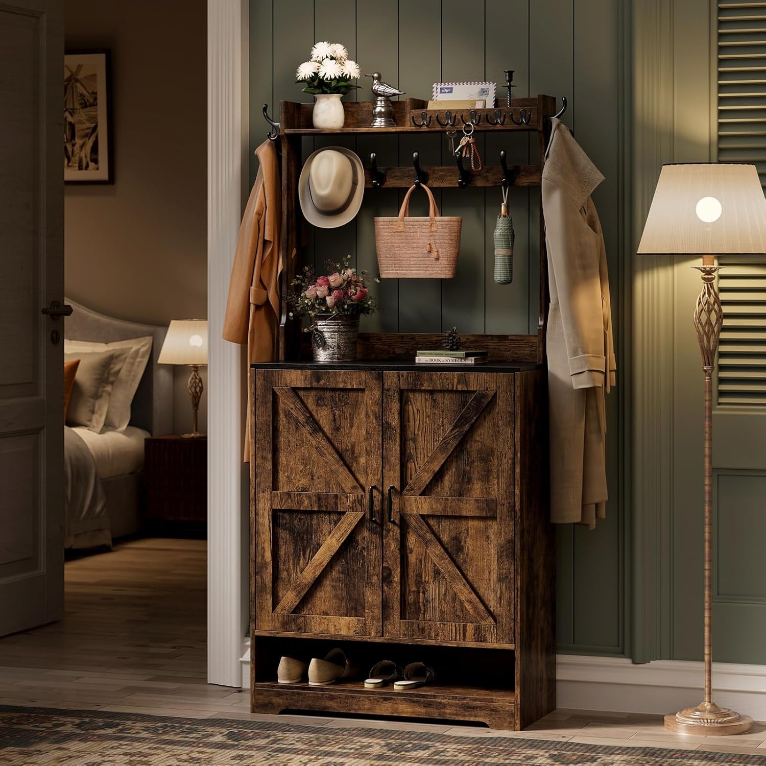 Farmhouse Hall Tree with Shoe Storage Cabinet, Shoe Cabinet with 14 Coat Hooks & Doors, Coat Rack Cabinet with 6 Tier Shoe Storage Organizer for Hallway, Entryway,Rustic Brown