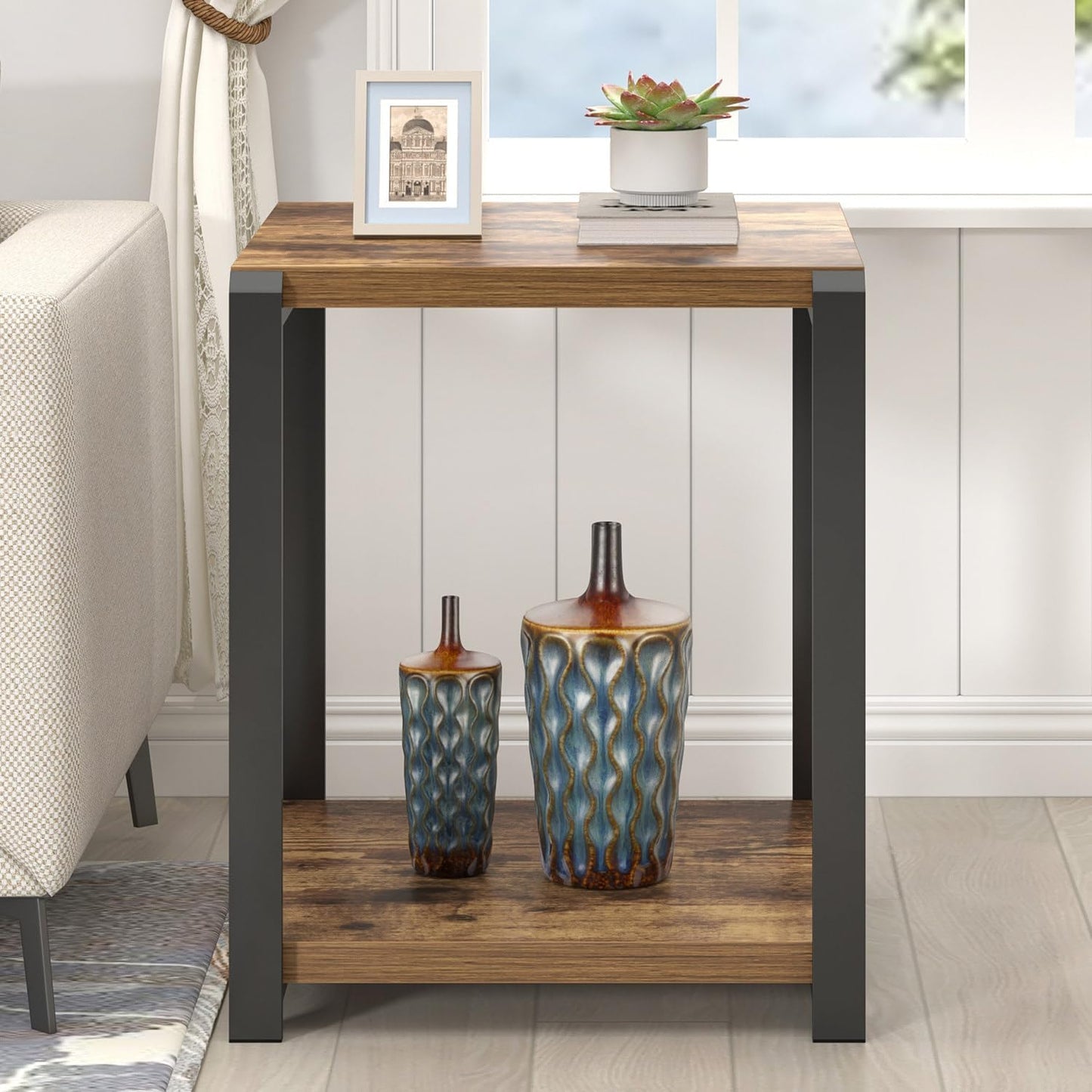 End Table with Storage Shelf, Modern Side Table for Living Room, Wood and Metal Bedside Table Nightstand, Rustic Brown