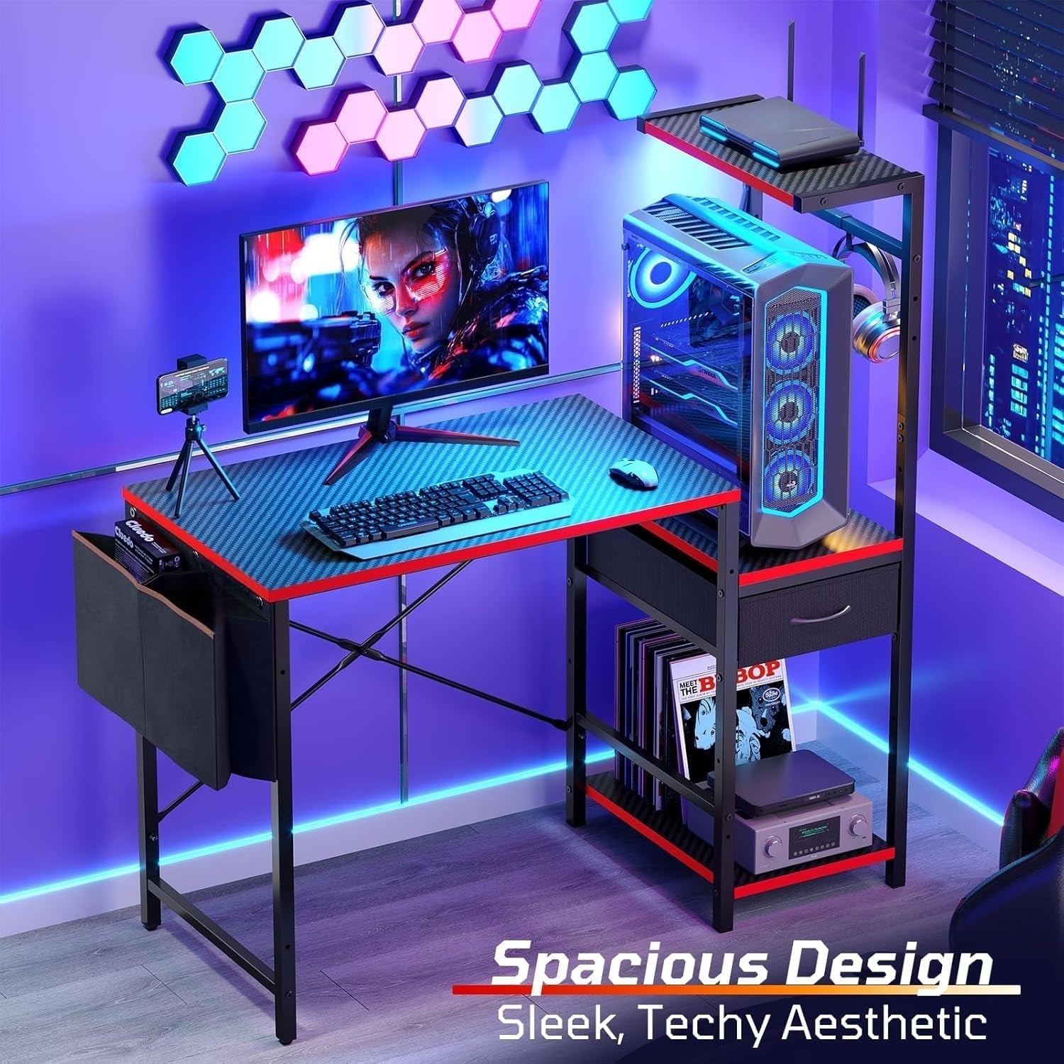 Gaming Desk with Drawer, 44 Inch Small Computer Desk with PC Shelf, Gaming Table with LED Lights for Small Spaces, Reversible Gamer Desk with Storage Bag & Side Hook, Black-Red