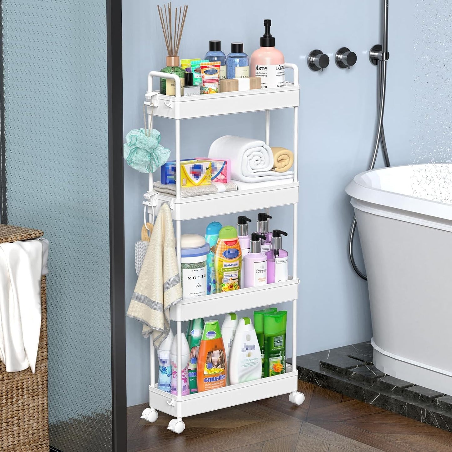 Slim Rolling Storage Cart with Wheels 4 Tier Skinny Bathroom Storage Organizer Narrow Shelf Unit Thin Laundry Room Utility Cart for Bedside Kitchen Office Next to Fridge Small Places, White
