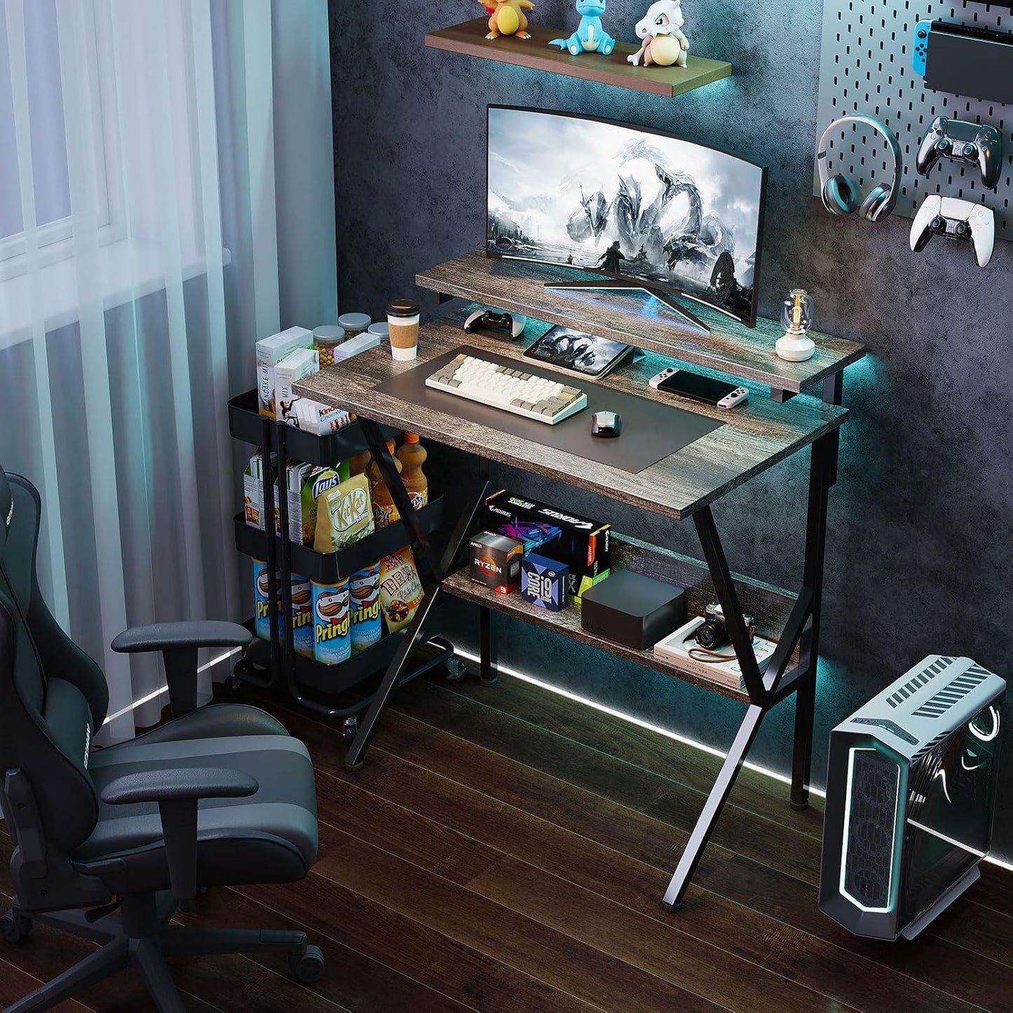 Small Desk, Small Computer Desk for Small Spaces, 27.5 Inch Computer Desk with Adjustable Monitor Stand, Compact Desk with Storage, Tiny Desk Study Desk for Bedroom Home Office, Grey