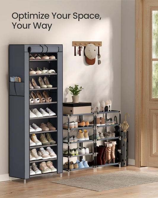 10-Tier Shoe Rack, Shoe Storage Cabinet with Dustproof Cover, Free-Standing Storage Organizer for Closet, Entryway, Hold 20 Pairs of Shoes, for Sneakers, High Heels, Gray URXJ034GN02