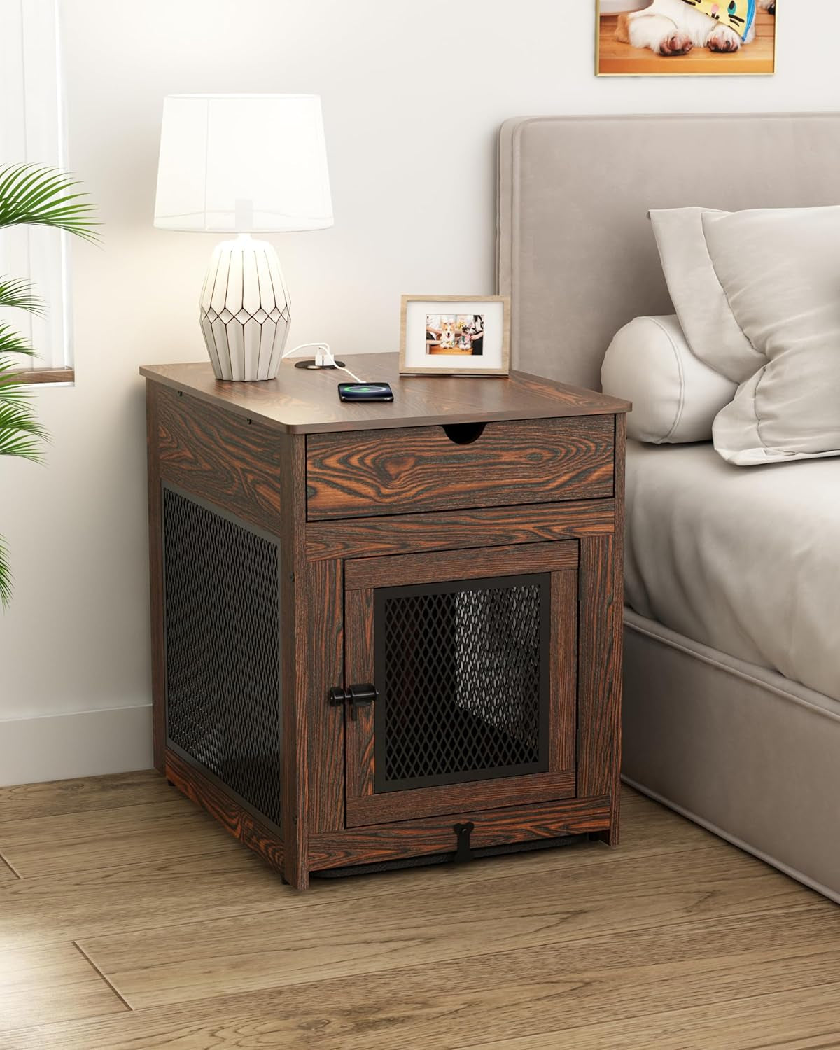 Dog Crate Furniture,Wooden Dog Crate End Table with Storage Drawer&Cushion&Tray, QC3.0 Wireless Charging,Dual Usb,Small Dogs Rustic Style