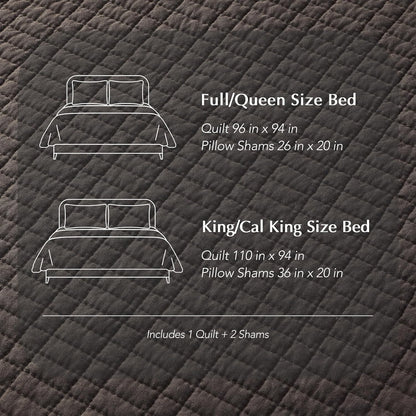 100% Cotton Quilt King Size, Pre-Washed Modern Grid Stitch Lightweight Bedspread Coverlet for All Season, Oversized 3-Piece Bedding Set with 2 Pillow Shams, Dark Brown