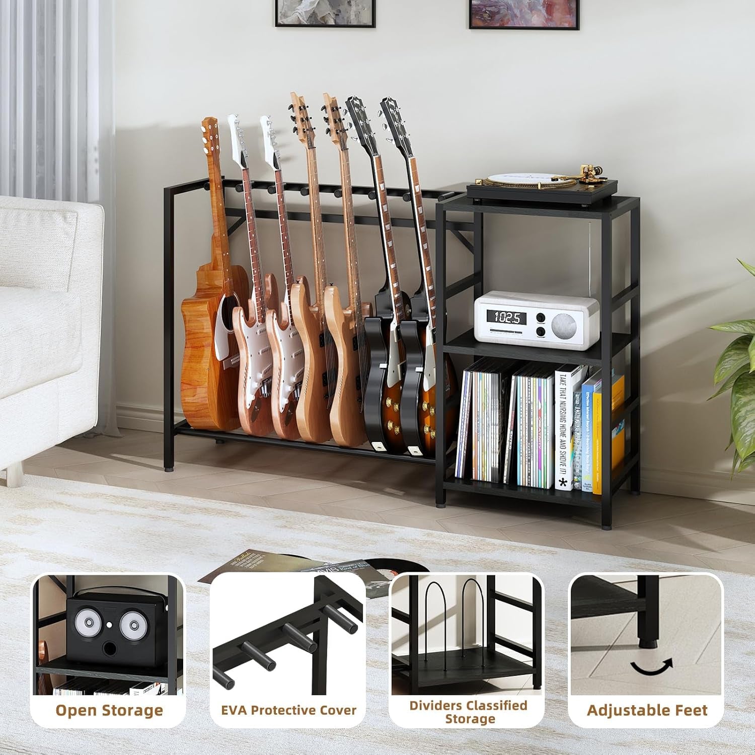 Record Player Stand with Guitar Stand, Record Player Table with Guitar Rack, Guitar Holder 7 Space for Multiple Guitars, Bass, Acoustic, Guitar Display for Home Music Studio, Black
