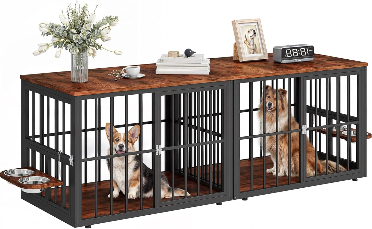 77.6" Large Corner Dog Crate Furniture for 2 Dogs, Steel Frame Cage with Double Doors & Bowls & 3 Doors, Double Dog Crate Furniture TV Stand for Medium Large Dogs, Brown