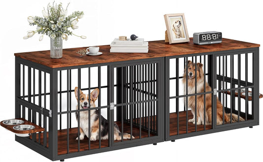 77.6" Large Corner Dog Crate Furniture for 2 Dogs, Steel Frame Cage with Double Doors & Bowls & 3 Doors, Double Dog Crate Furniture TV Stand for Medium Large Dogs, Brown