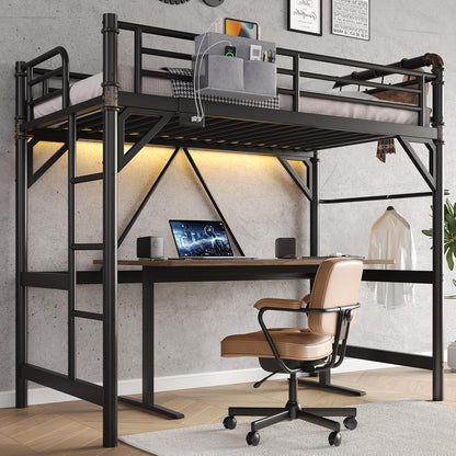 Twin Size Loft Bed with LED Lights and Charging Station, Industrial Heavy Duty Metal Loft Bed Frame with Ladder and Guardrail for Kids Adults, Small Space Saving Design for Bedroom Dorm, Black