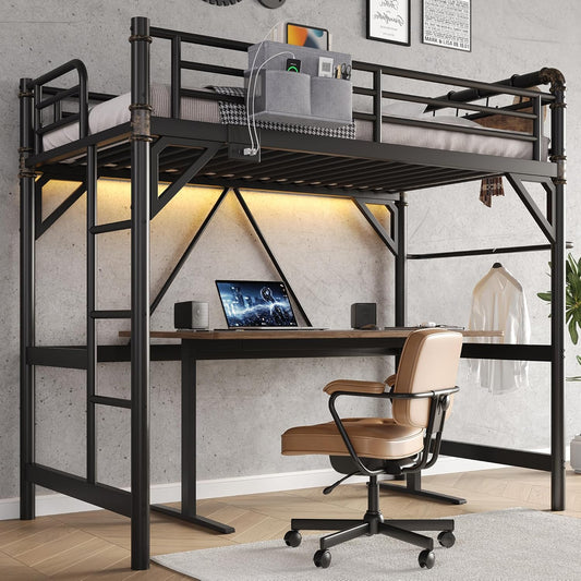 Twin Size Loft Bed with LED Lights and Charging Station, Industrial Heavy Duty Metal Loft Bed Frame with Ladder and Guardrail for Kids Adults, Small Space Saving Design for Bedroom Dorm, Black