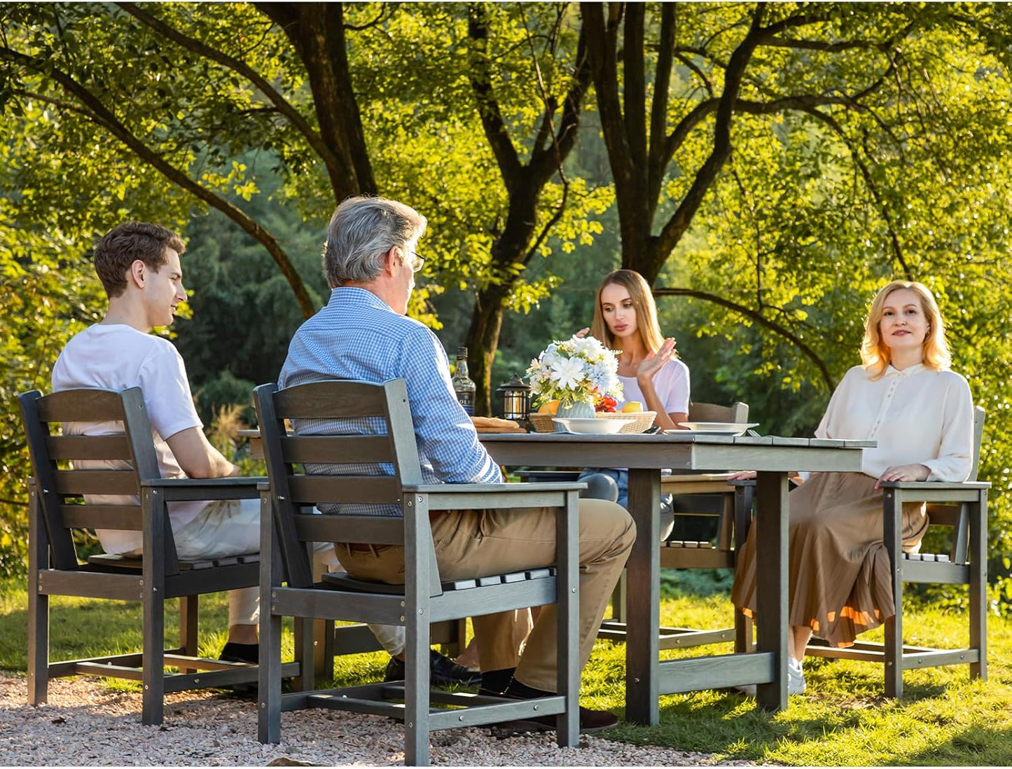 Outdoor HDPE Dining Table Set, 7-Piece Outdoor Dining Table Sets with Umbrella Hole Cut-Out Table and 6 Chairs, Gray