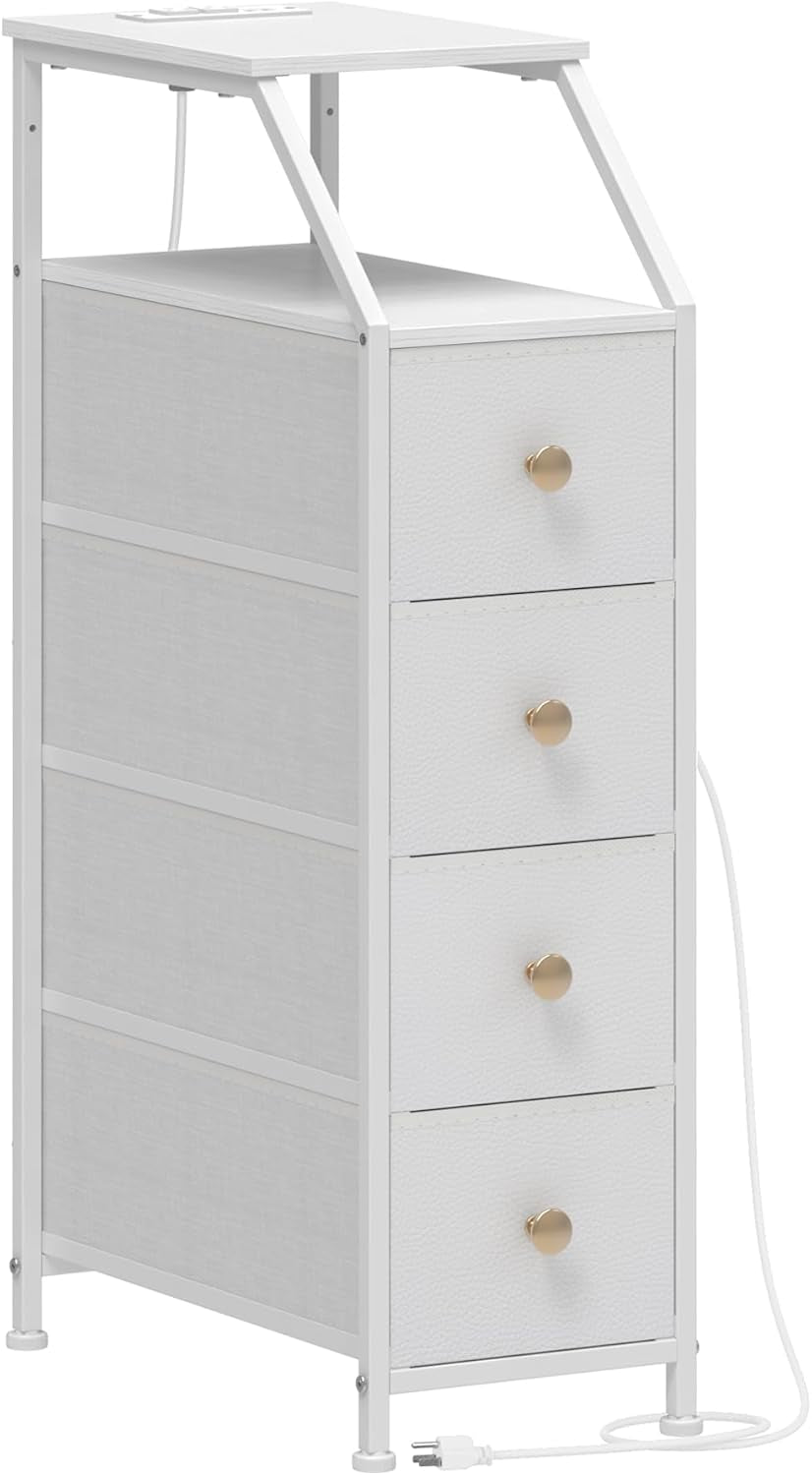 Narrow Dresser Tall Skinny Storage Tower Vertical Slim Chest of Drawers with Charging Station Small Nightstand Side Table for Bedroom, Bathroom, Small Spaces (White, 4 Drawers)