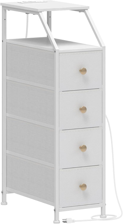 Narrow Dresser Tall Skinny Storage Tower Vertical Slim Chest of Drawers with Charging Station Small Nightstand Side Table for Bedroom, Bathroom, Small Spaces (White, 4 Drawers)