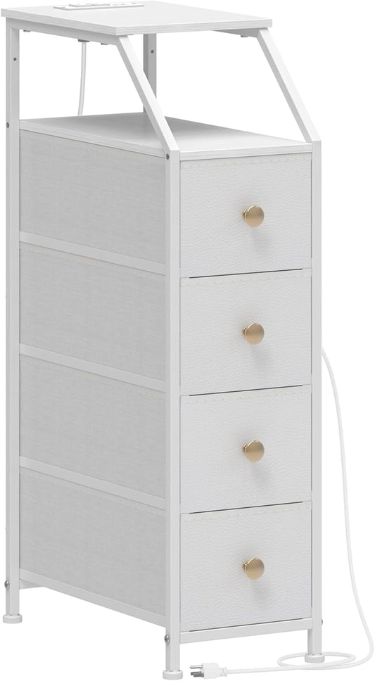 Narrow Dresser Tall Skinny Storage Tower Vertical Slim Chest of Drawers with Charging Station Small Nightstand Side Table for Bedroom, Bathroom, Small Spaces (White, 4 Drawers)