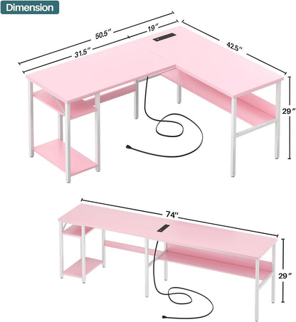 Reversible L Shaped Desk with Magic Power Outlets and USB Charging Ports, Sturdy Corner Computer Desk with Storage Shelves, Gaming Table Home Office Desk, Easy to Assemble, Pink