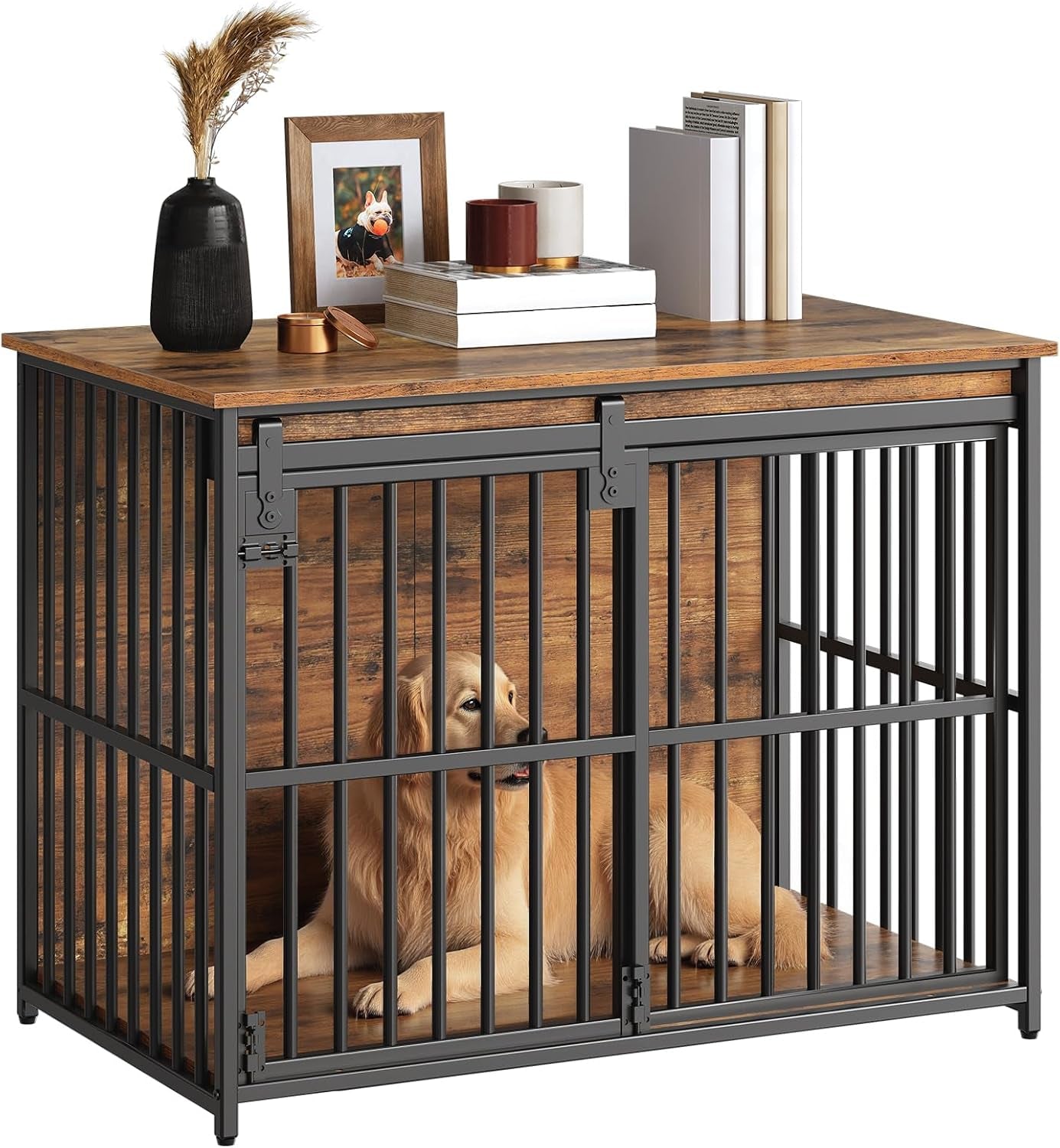 Dog Crate Furniture, 36.6" Heavy Duty Dog Kennel with Sliding Barn Door, Wooden Dog Cage Indoor, Decorative Side End Table for Small/Medium Dogs, Rustic Brown and Black FG162GW03G1