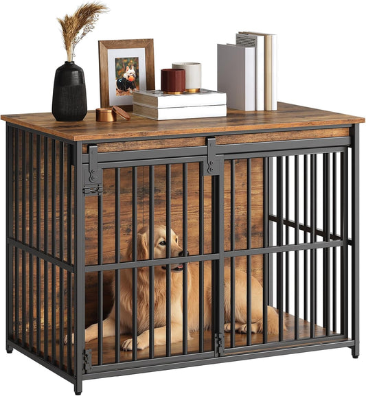Dog Crate Furniture, 36.6" Heavy Duty Dog Kennel with Sliding Barn Door, Wooden Dog Cage Indoor, Decorative Side End Table for Small/Medium Dogs, Rustic Brown and Black FG162GW03G1