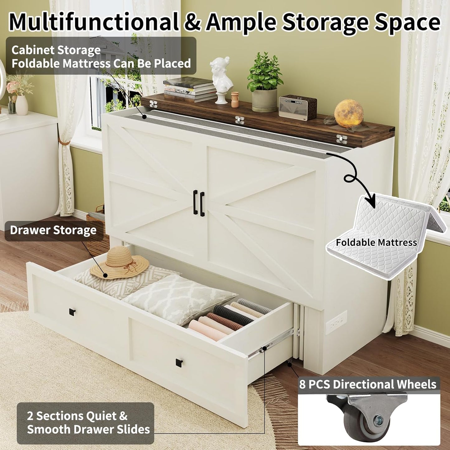 Murphy Bed with Charging Station, Queen Size Cabinet Bed with Large Storage Drawer for Home Office or Small Room, Hideaway Full Foldable Platform Bed, White