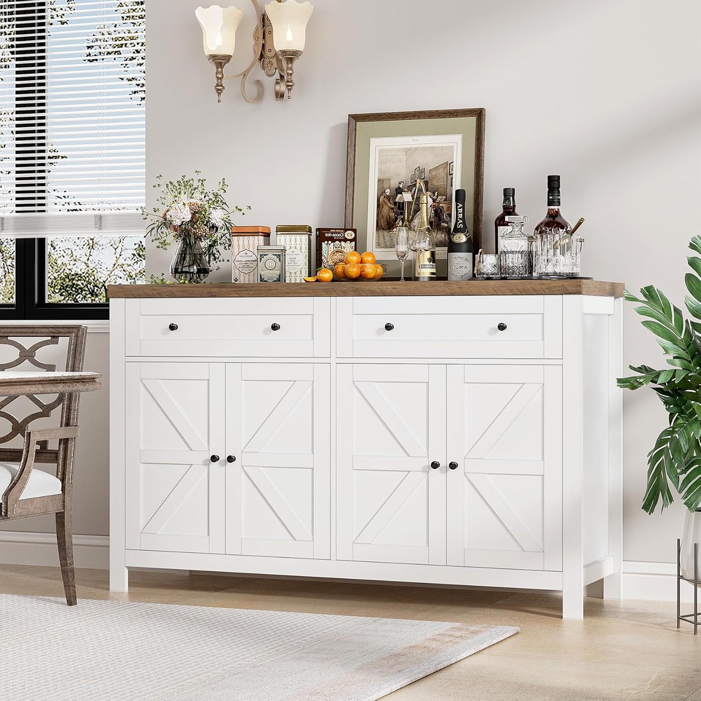 55" Buffet Sideboard Cabinet with Storage, Modern Farmhouse Coffee Bar with Drawers and Shelves, Barn Doors Storage Cabinet for Kitchen, Living Room, White