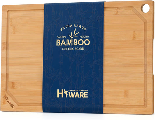 Extra Large Bamboo Cutting Board for Kitchen, Heavy Duty Wood Cutting Board with Juice Groove, 100% Organic Bamboo, Pre Oiled, 18" X 12" X 0.6"