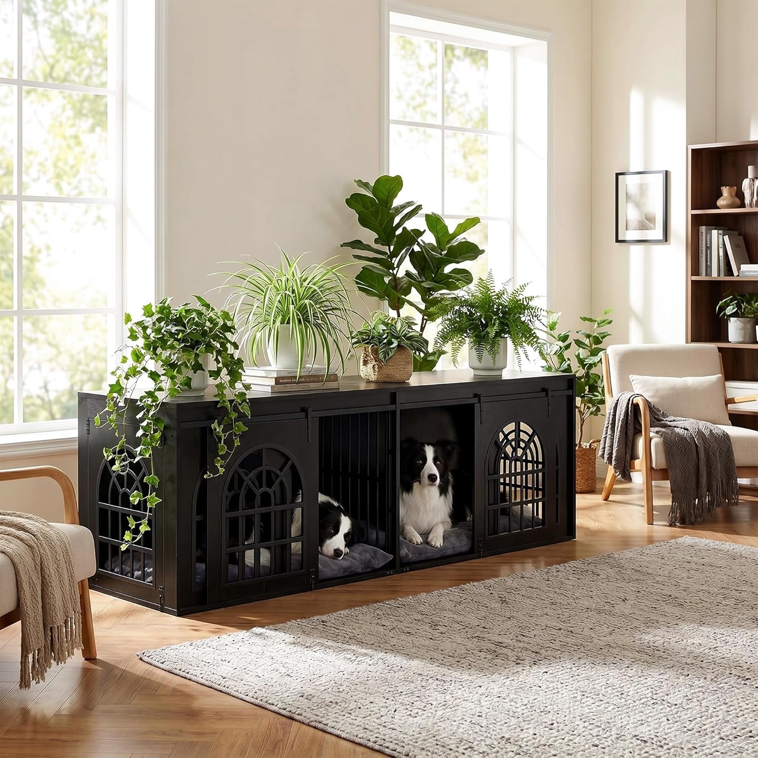 90.2" Double Room Dog Crate Furniture with Sliding Doors– Heavy Duty Wooden Dog Kennel with Hinged Divider, TV Stand & End Table for Large to Medium Dogs, Brown (Black)