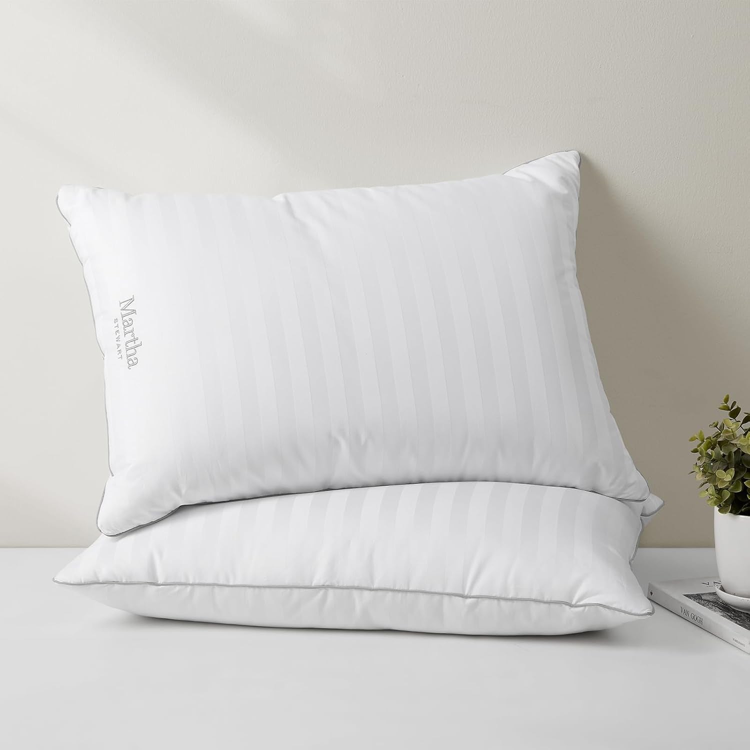Hotel Collection Bed Pillows 100% Cotton 500 Thread Count Damask Stripe Embroidered King Size Set of 2