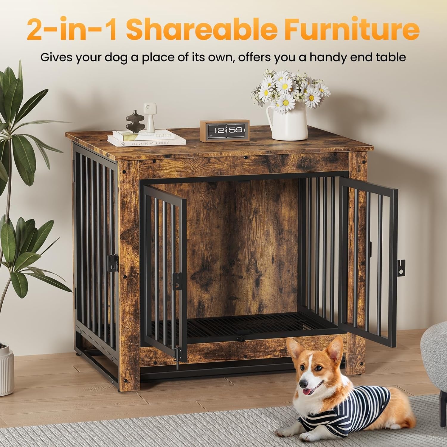 Dog Crate Furniture, Dog Crate End Table for Small and Medium Dogs,Wooden Cage Kennel Furniture Indoor, Modern Dog Crate with Multi-Purpose Removable Tray, Double-Doors Dog Furniture, White
